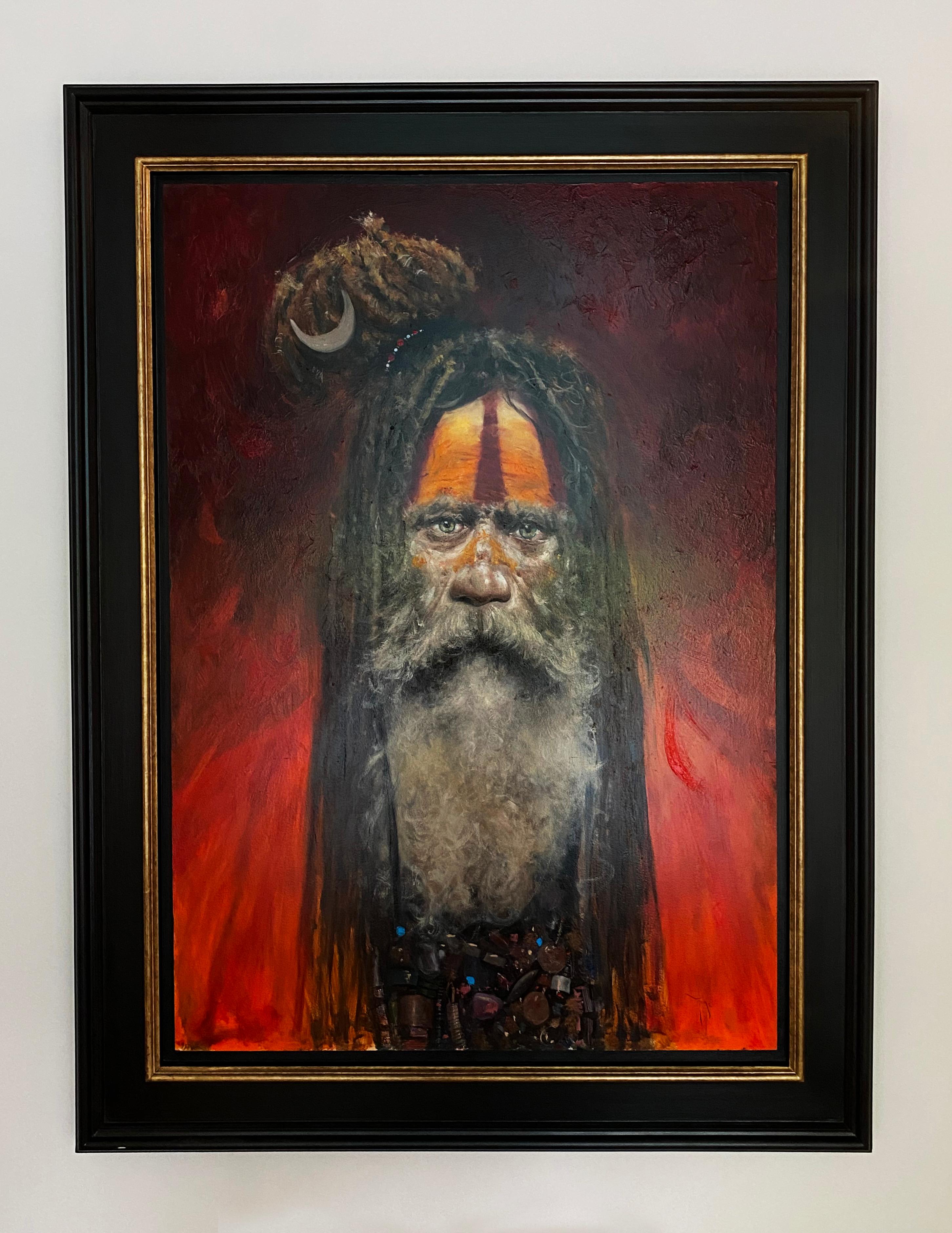 African Tribal Portrait of a man 'Sadhu, Varanesi', red & orange, traditional - Painting by Ignacio Trelis 
