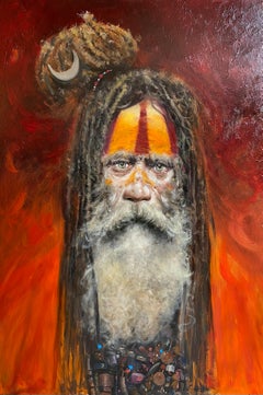 African Tribal Portrait of a man 'Sadhu, Varanesi', red & orange, traditional