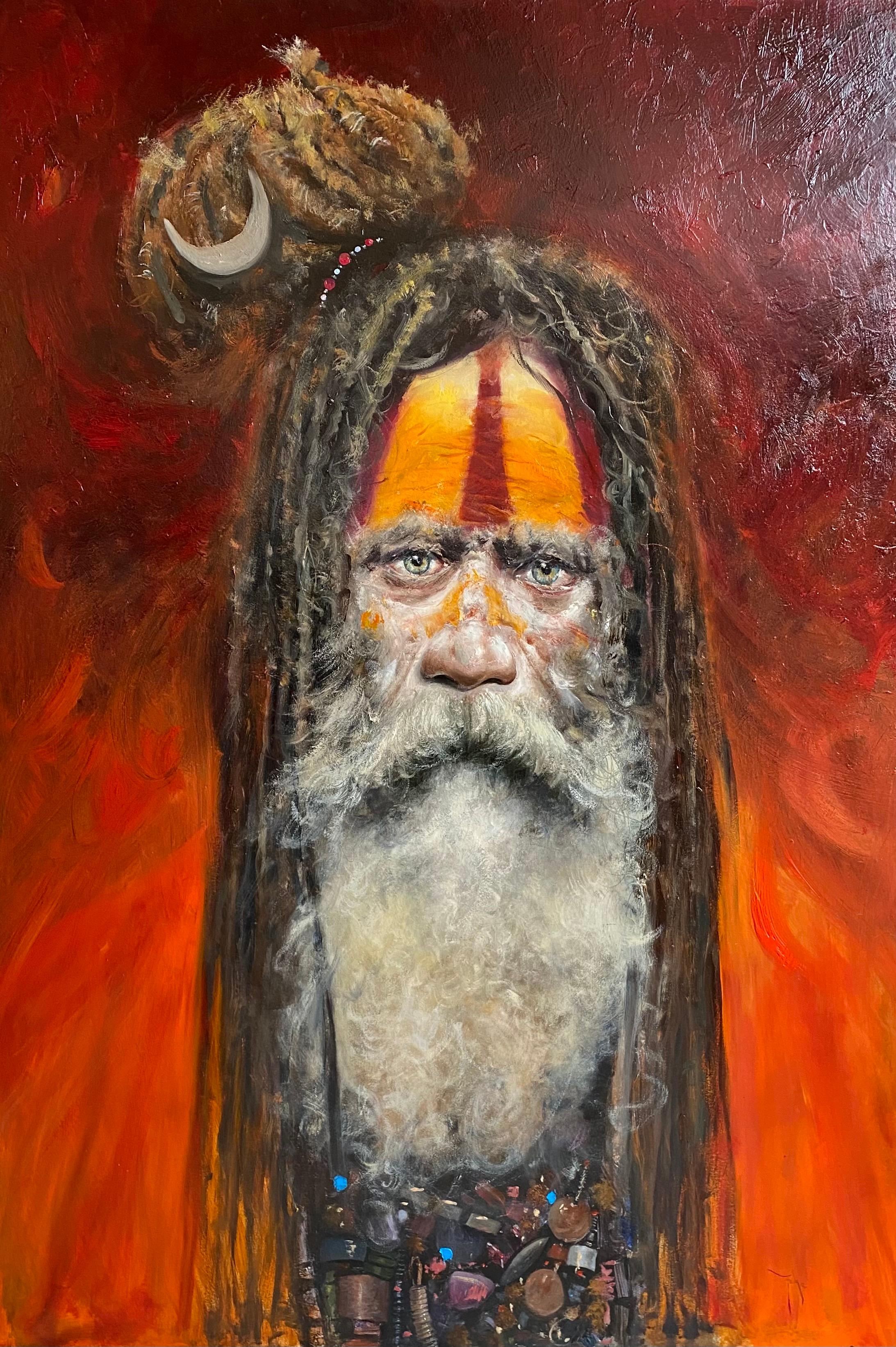 Ignacio Trelis  Figurative Painting - African Tribal Portrait of a man 'Sadhu, Varanesi', red & orange, traditional