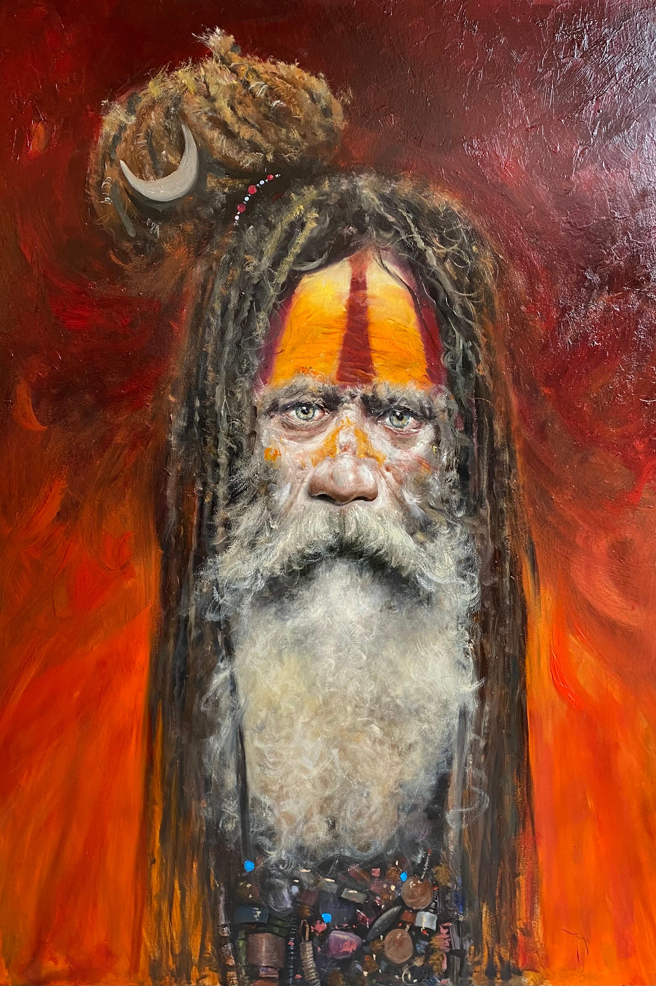 Figurative Painting di Ignacio Trelis  - Ritratto tribale africano di un uomo 'Sadhu, Varanesi', rosso e arancione, tradizionale