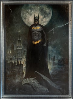 Batman' Peinture contemporaine de Batman à Gotham, avec lune, paysage urbain, noir