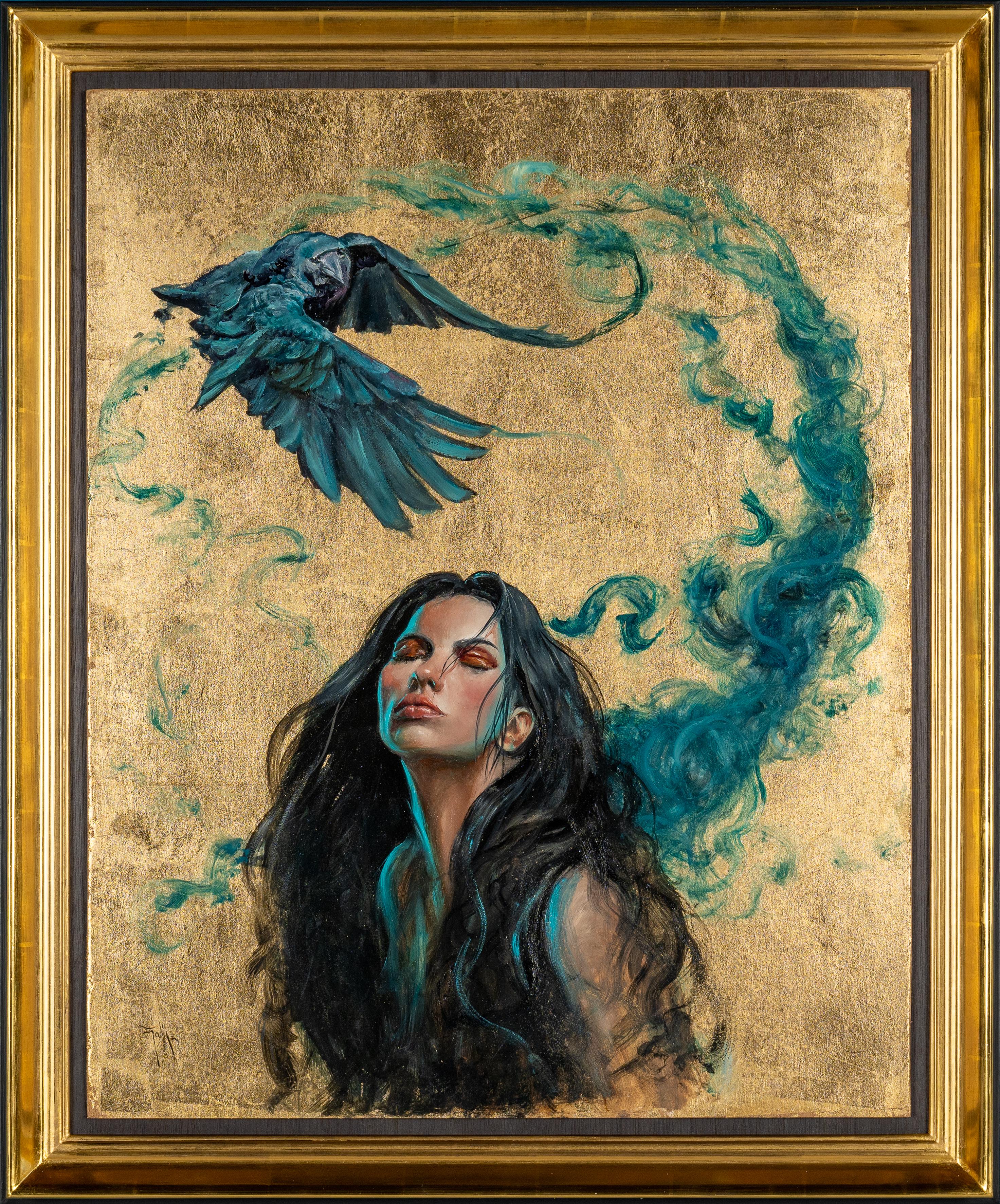 'Caligne' Contemporary portrait painting of a woman, gold leaf, blue and bird - Painting by Ignacio Trelis 