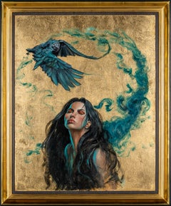 'Caligne' Contemporary portrait painting of a woman, gold leaf, blue and bird