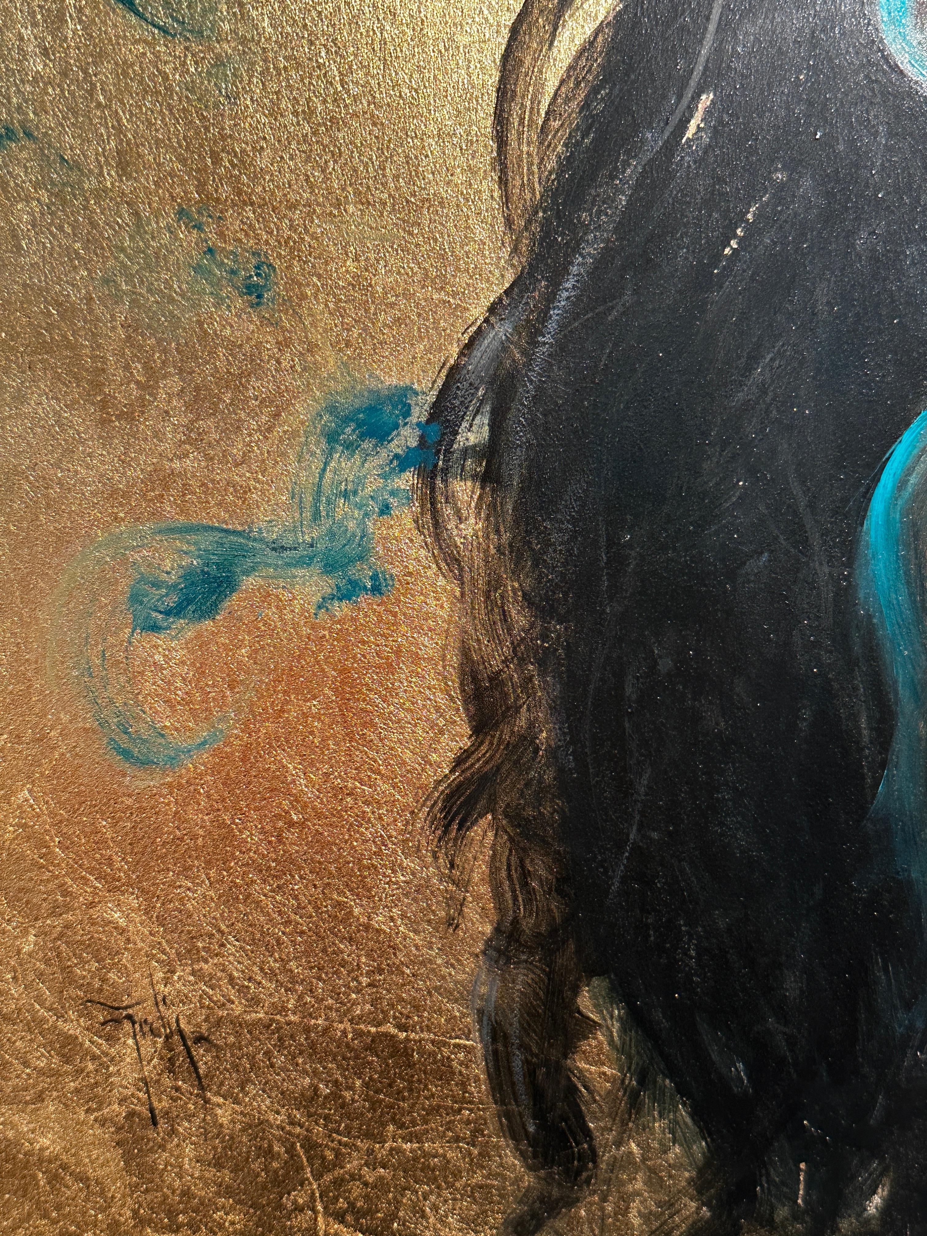 'Caligne' by Ignacio Trelis, is a contemporary figurative painting. Showing a beautiful woman with long black flowy hair being circulated by a black flying crow. Blue swirls encompass the figure. Painted with oil on 18carat gold leaf. 

Ignacio