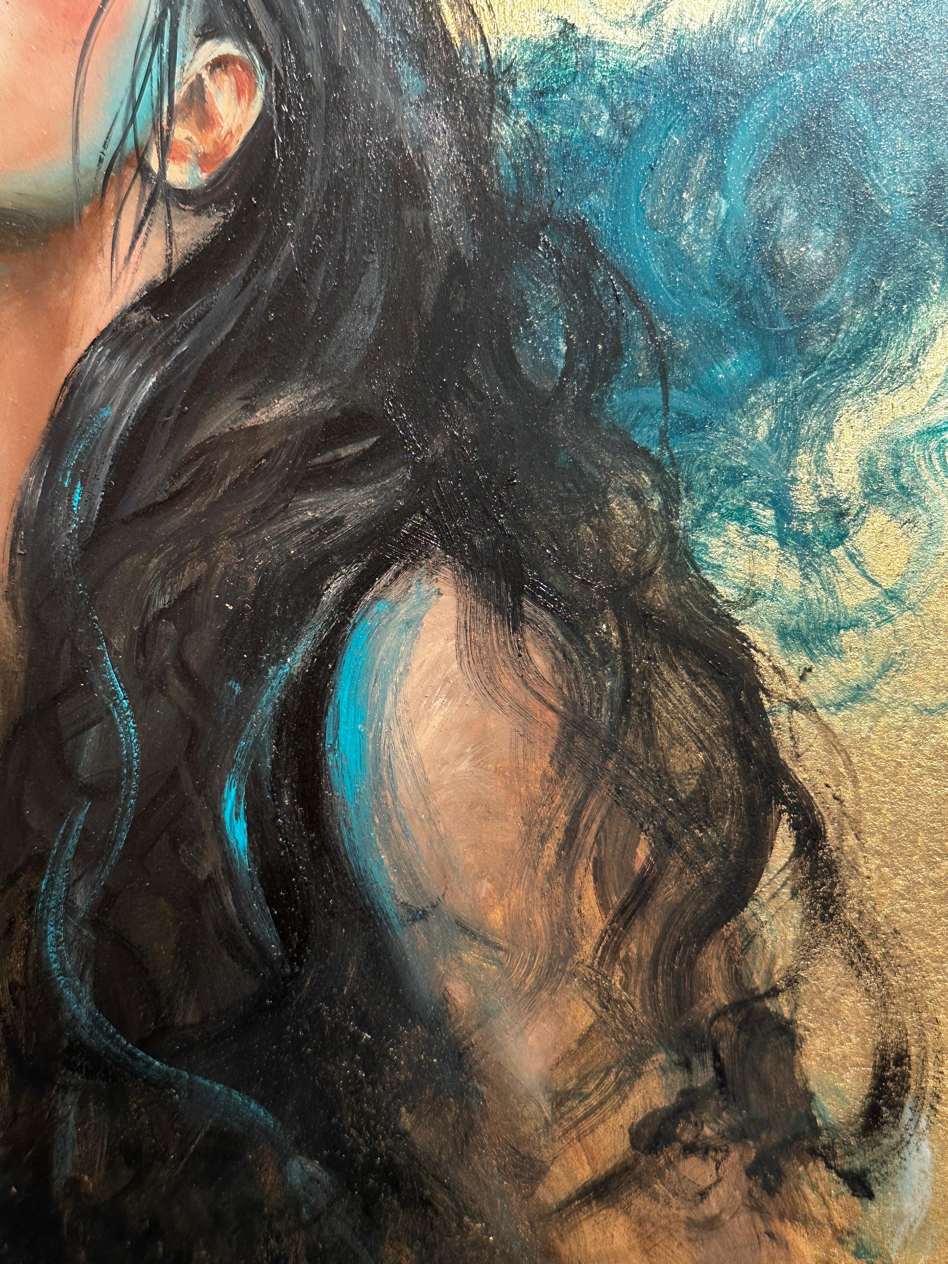 Caligne' Portrait contemporain d'une femme, feuille d'or, bleu et oiseau en vente 2