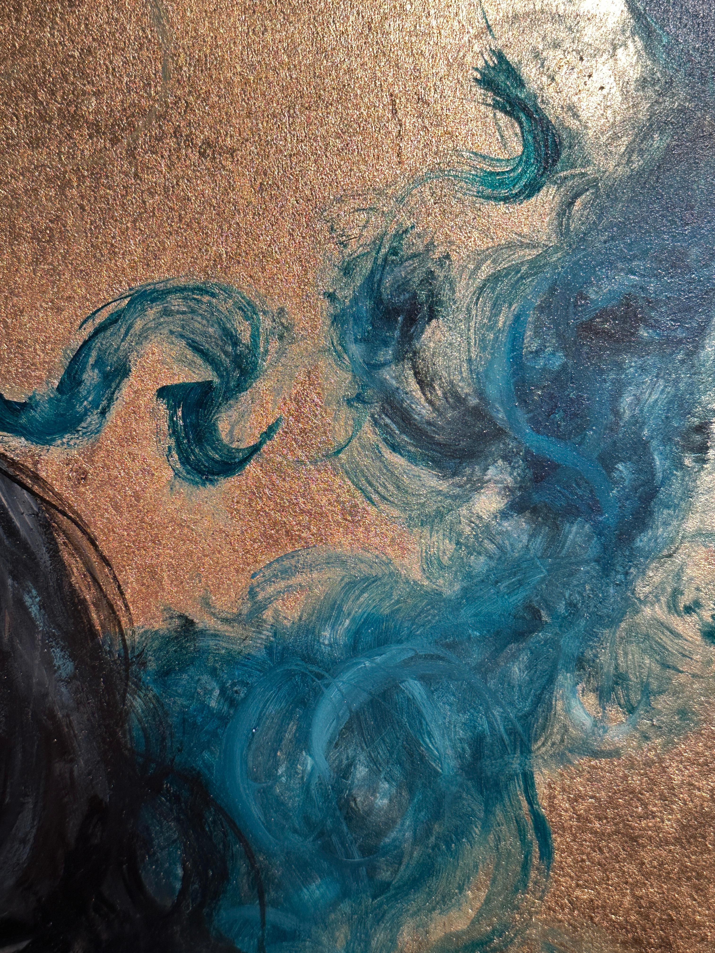Caligne' Portrait contemporain d'une femme, feuille d'or, bleu et oiseau en vente 3