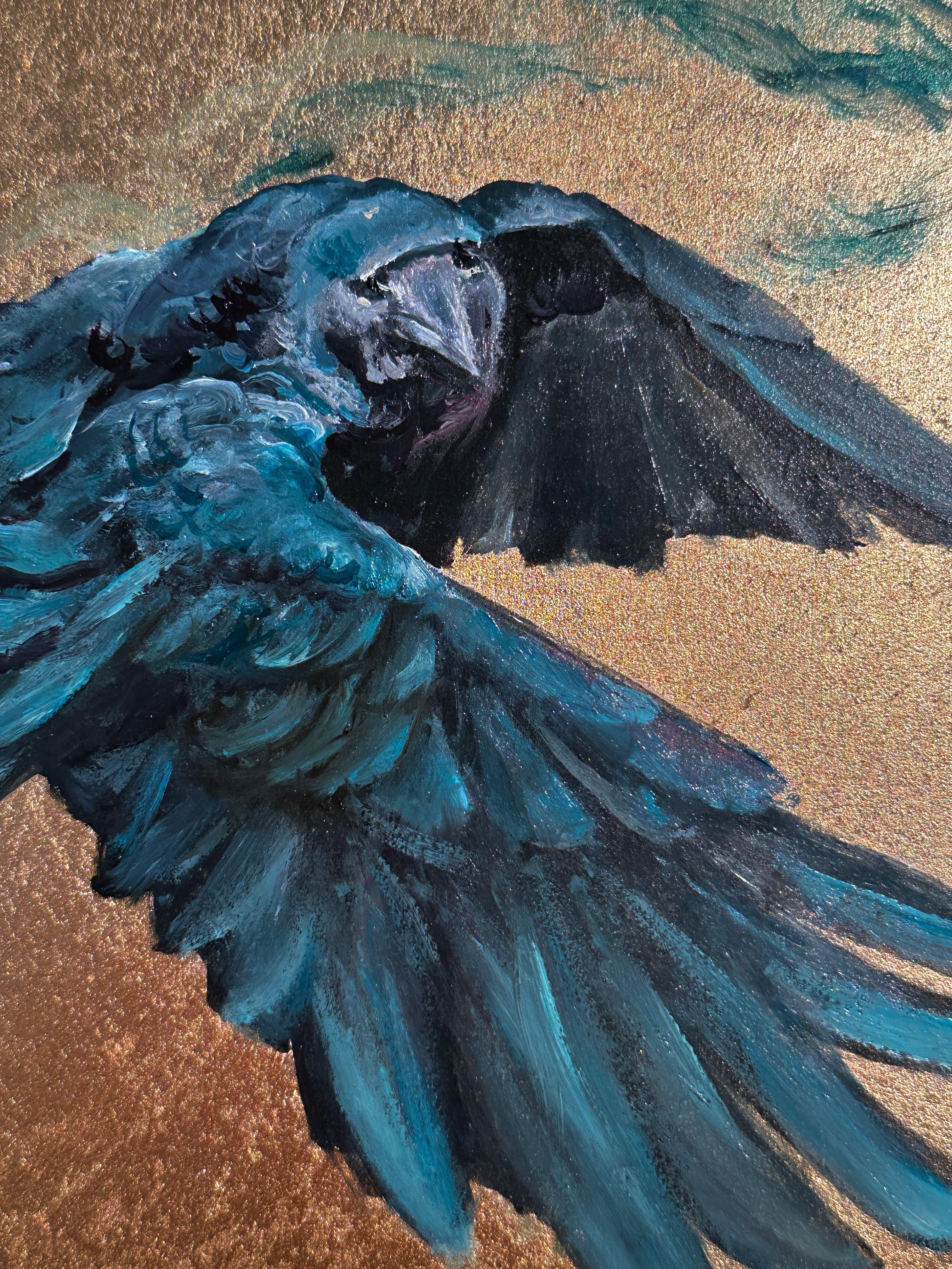 Caligne' Portrait contemporain d'une femme, feuille d'or, bleu et oiseau en vente 5