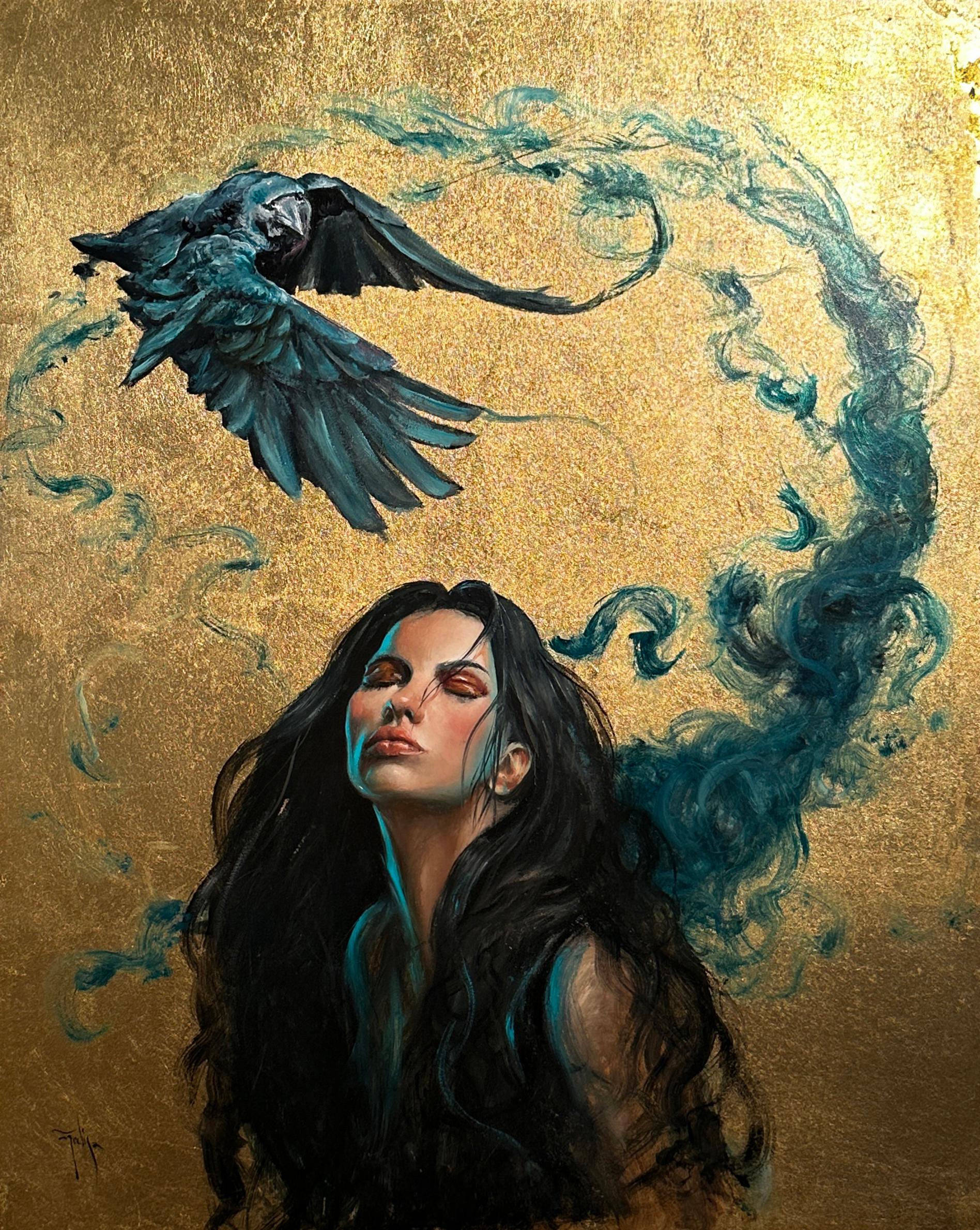 Ignacio Trelis  Animal Painting - 'Caligne' Contemporary portrait painting of a woman, gold leaf, blue and bird