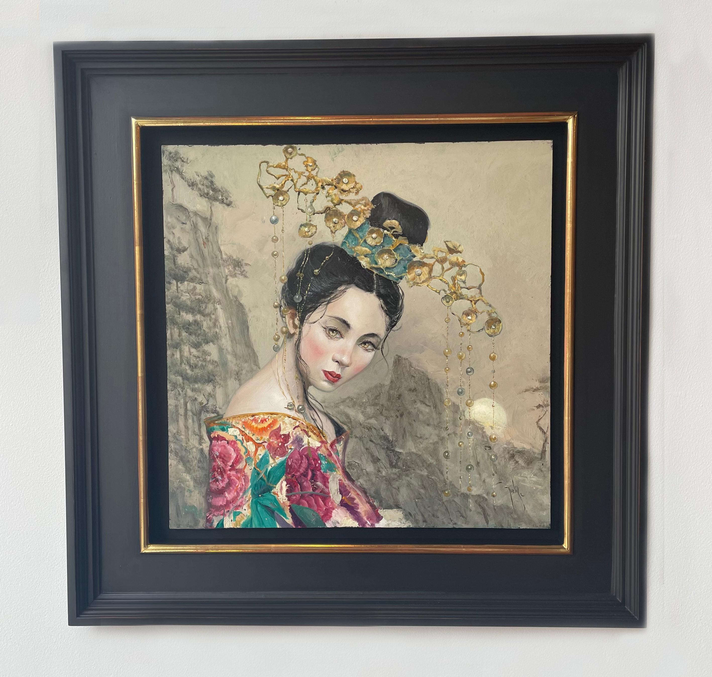 'Chinese Princess' Contemporary Portrait painting of a woman, jewellery, colour