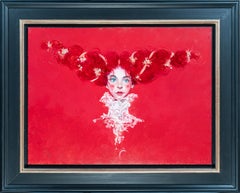 'Dolly' Rosso vivo Ritratto di un volto di donna, capelli rossi, perle, blu