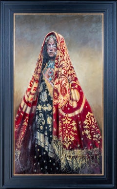'Eyes of Rajasthan' Contemporary Portrait figurative painting of a woman, red 