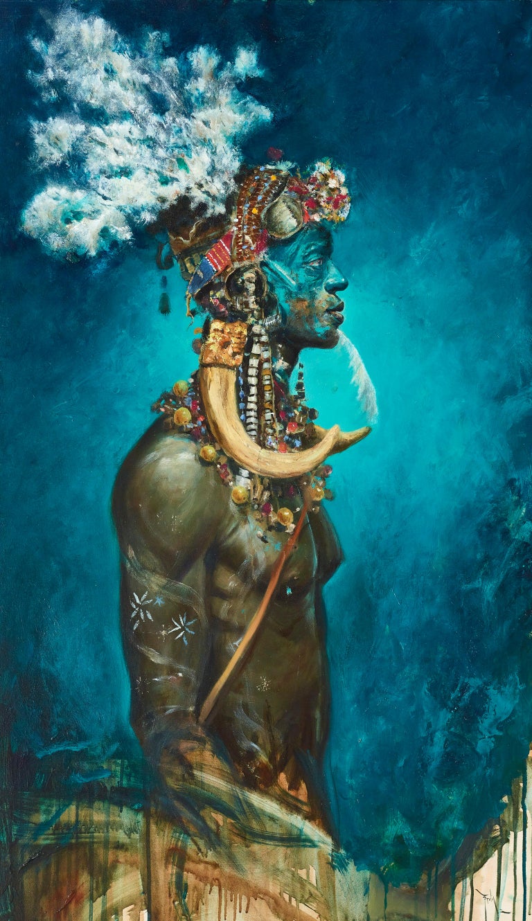 Ignacio Trelis  Figurative Painting - Figurative African Tribal Painting of a warrior man with headdress  'Shaman' 