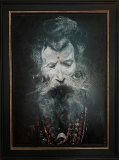 'Magic' Indian portrait painting of a Wise man, Grey, black & white, jewellery