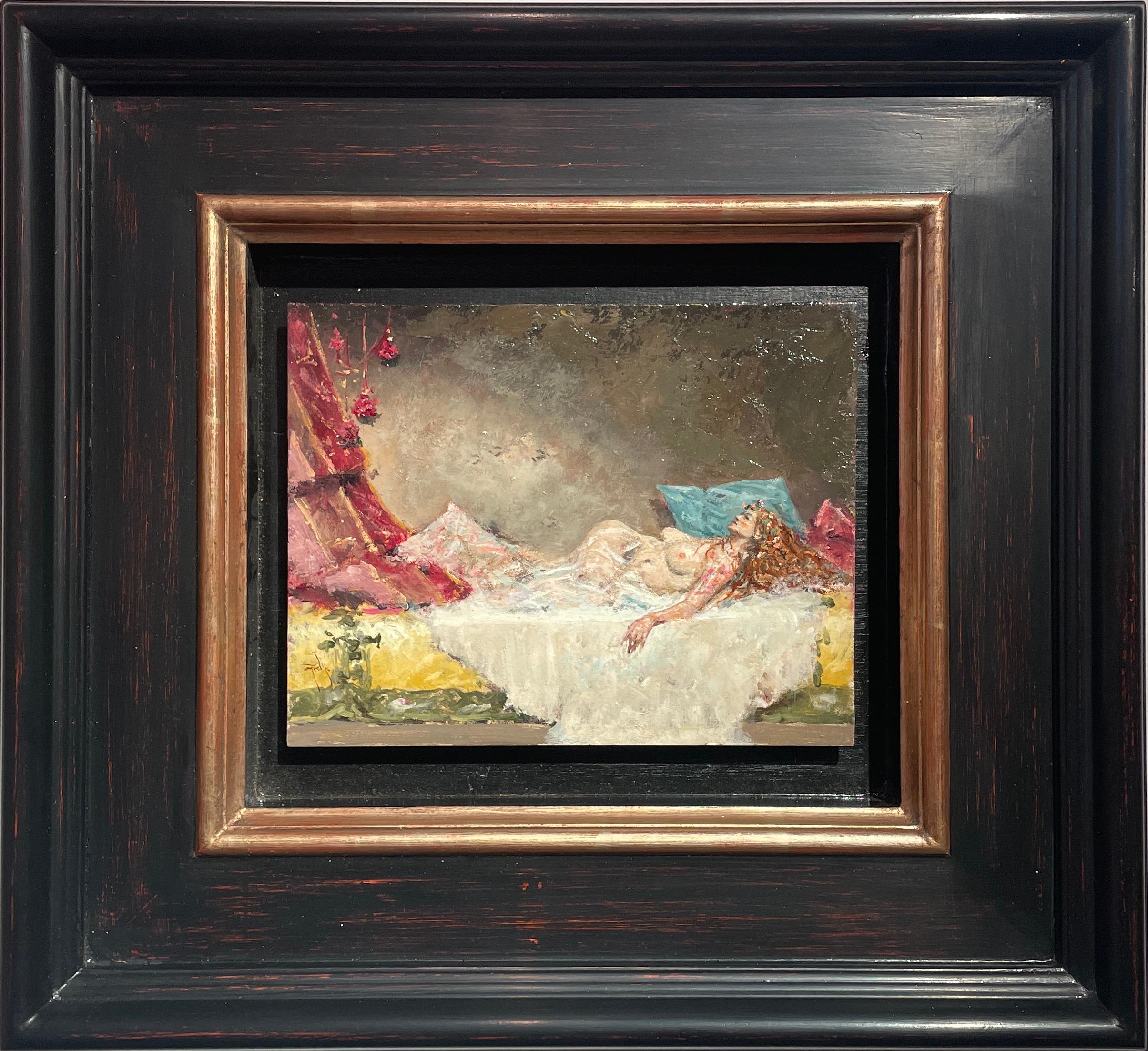 'Odalisque' Contemporary Nude, Figurative painting of a woman on a bed, pink - Painting by Ignacio Trelis 