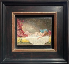 'Odalisca' Nudo contemporaneo, dipinto figurativo di una donna su un letto, rosa