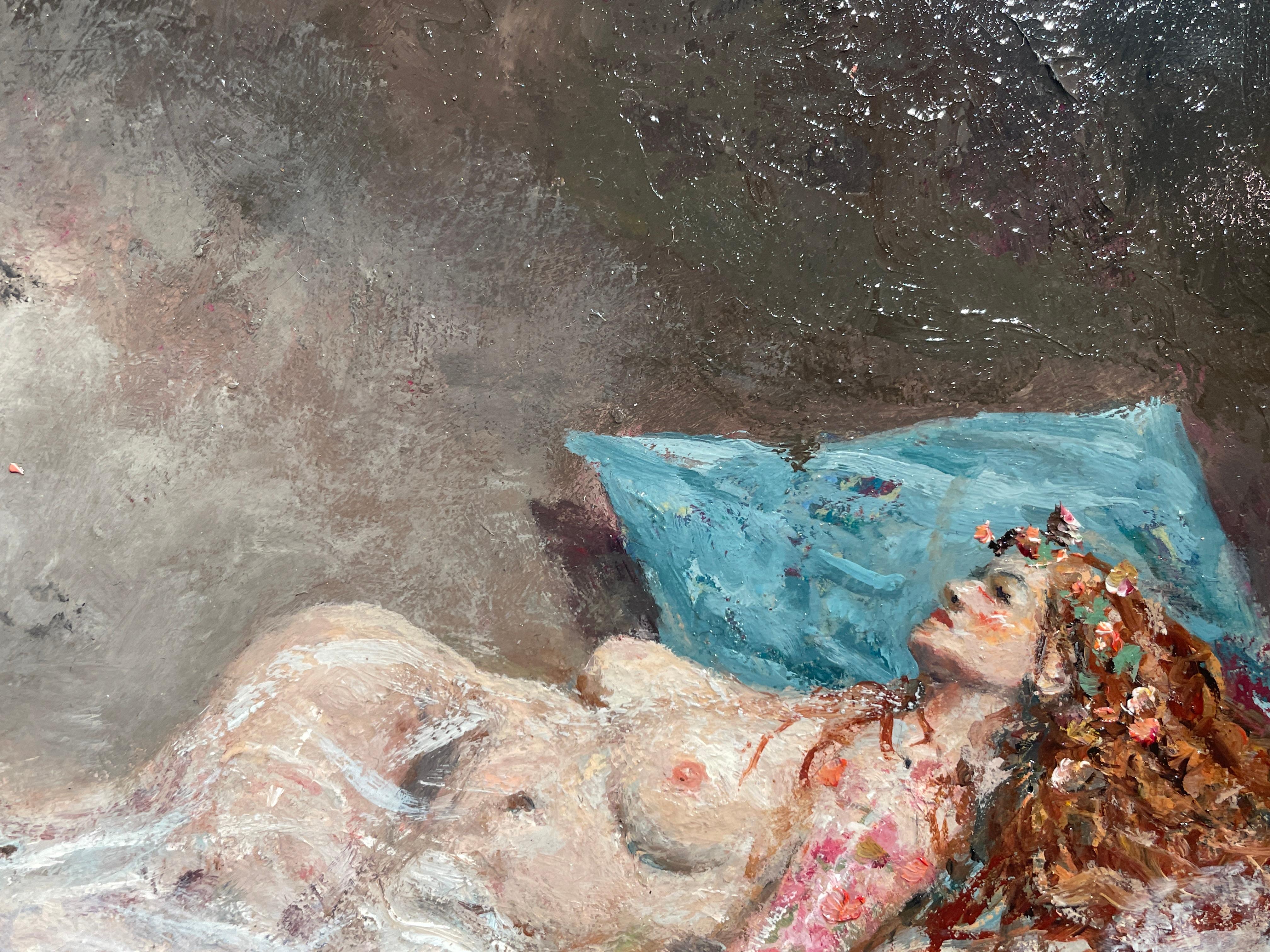'Odalisque' Contemporary Nude, Figurative painting of a woman on a bed, pink - Gray Nude Painting by Ignacio Trelis 