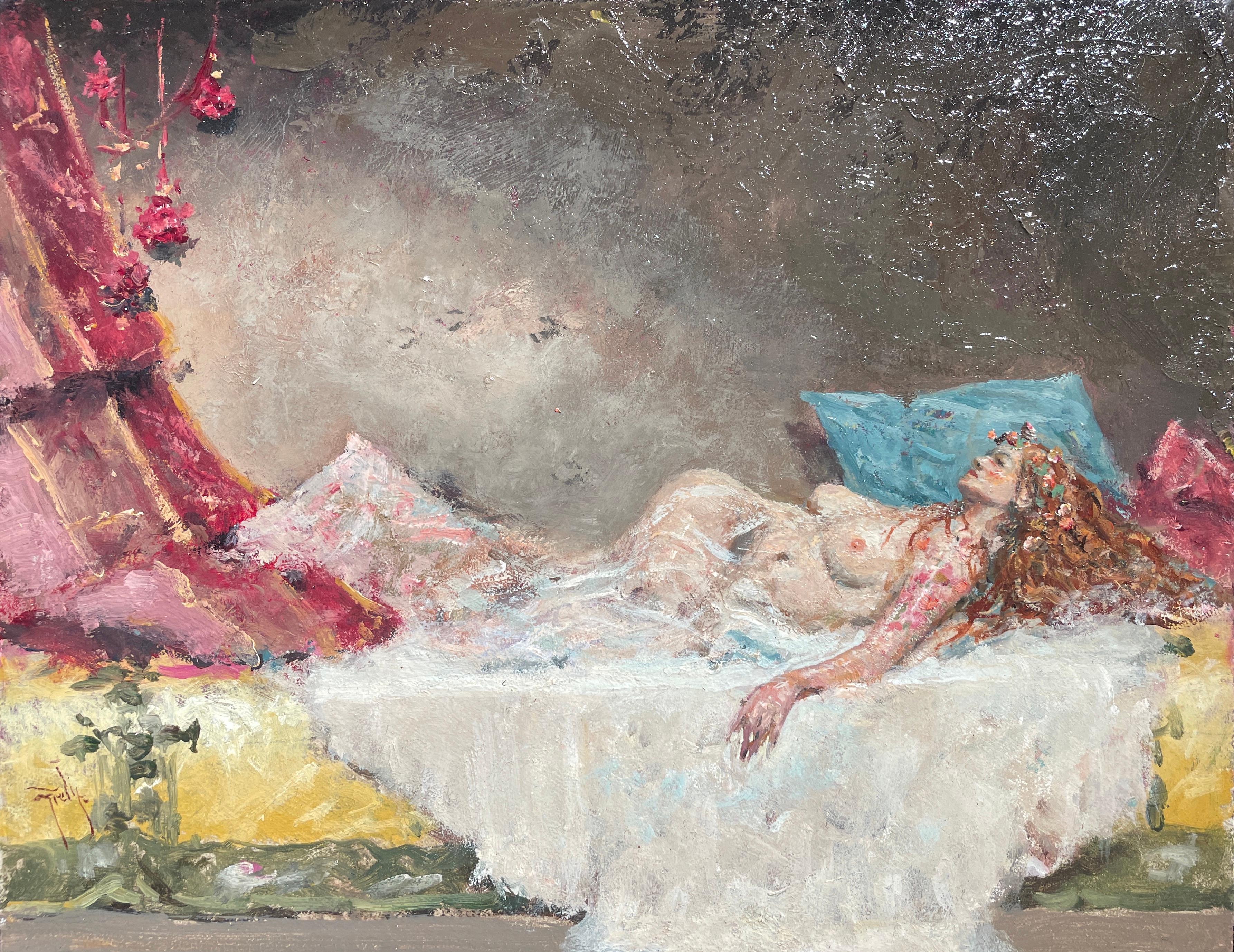 Ignacio Trelis  Nude Painting - 'Odalisque' Contemporary Nude, Figurative painting of a woman on a bed, pink
