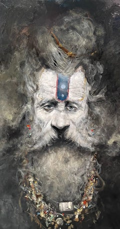 'Pushkar' Indian portrait painting of a Wise man, Grey, black & white, jewellery