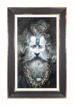 'Pushkar' Indian portrait painting of a Wise man, Grey, black & white, jewellery