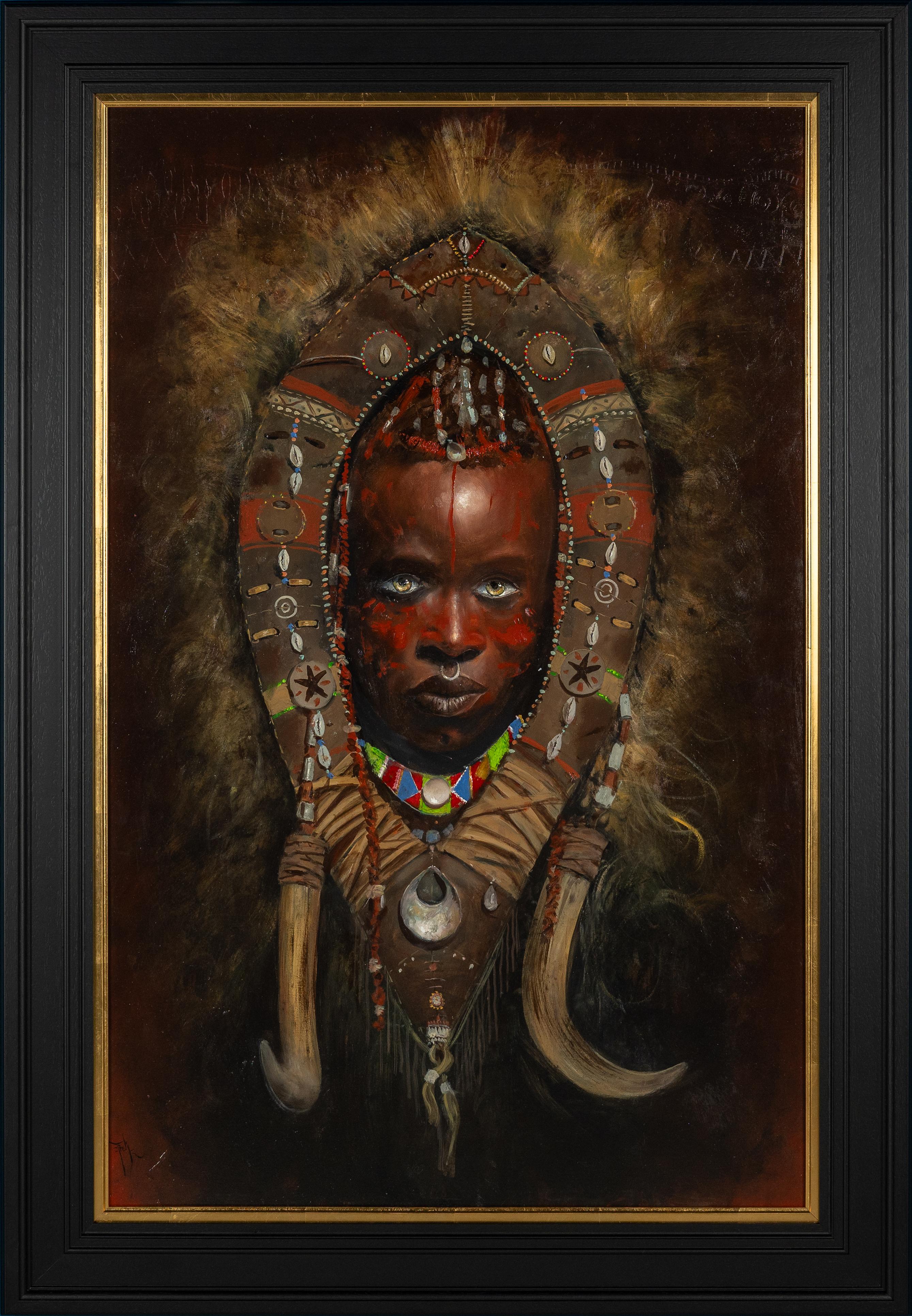 'Shujaa' Contemporary African Tribal portrait of a woman wearing a head dress - Painting by Ignacio Trelis 