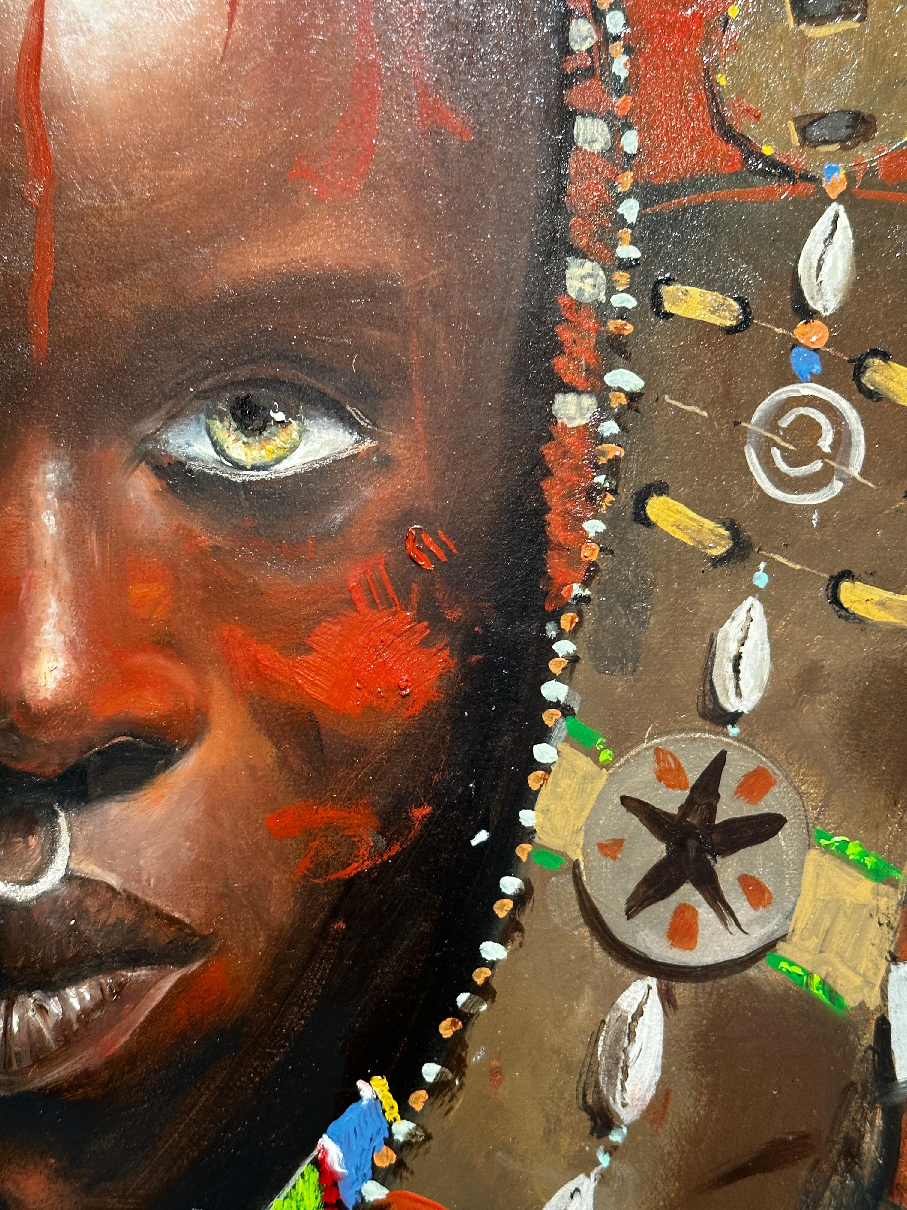 'Shujaa' Contemporary African Tribal portrait of a woman wearing a head dress For Sale 4