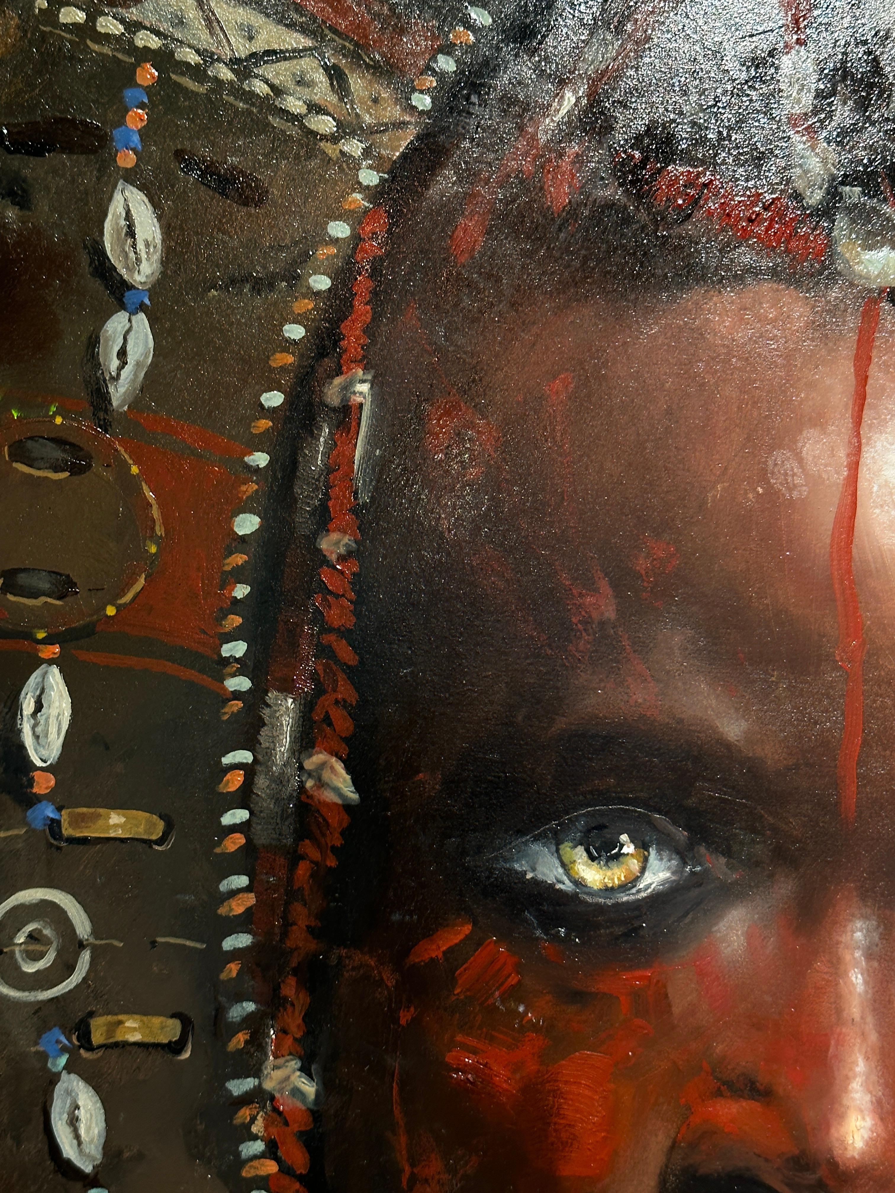 'Shujaa' Contemporary African Tribal portrait of a woman wearing a head dress For Sale 5