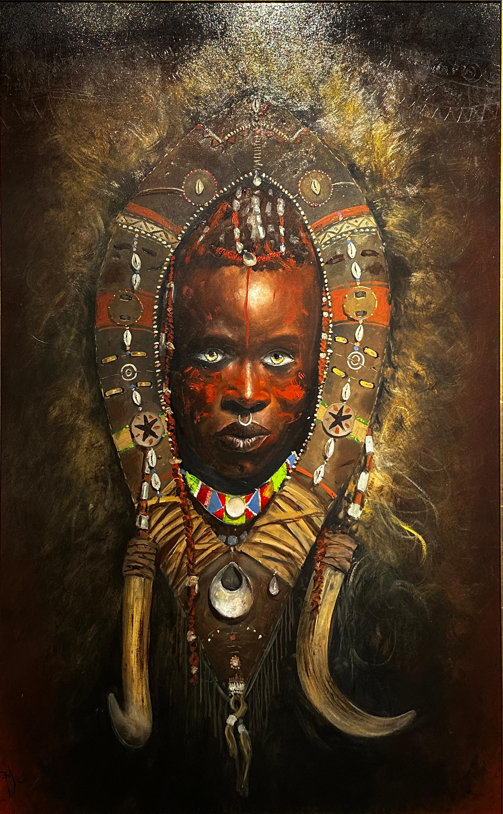 Ignacio Trelis  Figurative Painting - 'Shujaa' Contemporary African Tribal portrait of a woman wearing a head dress