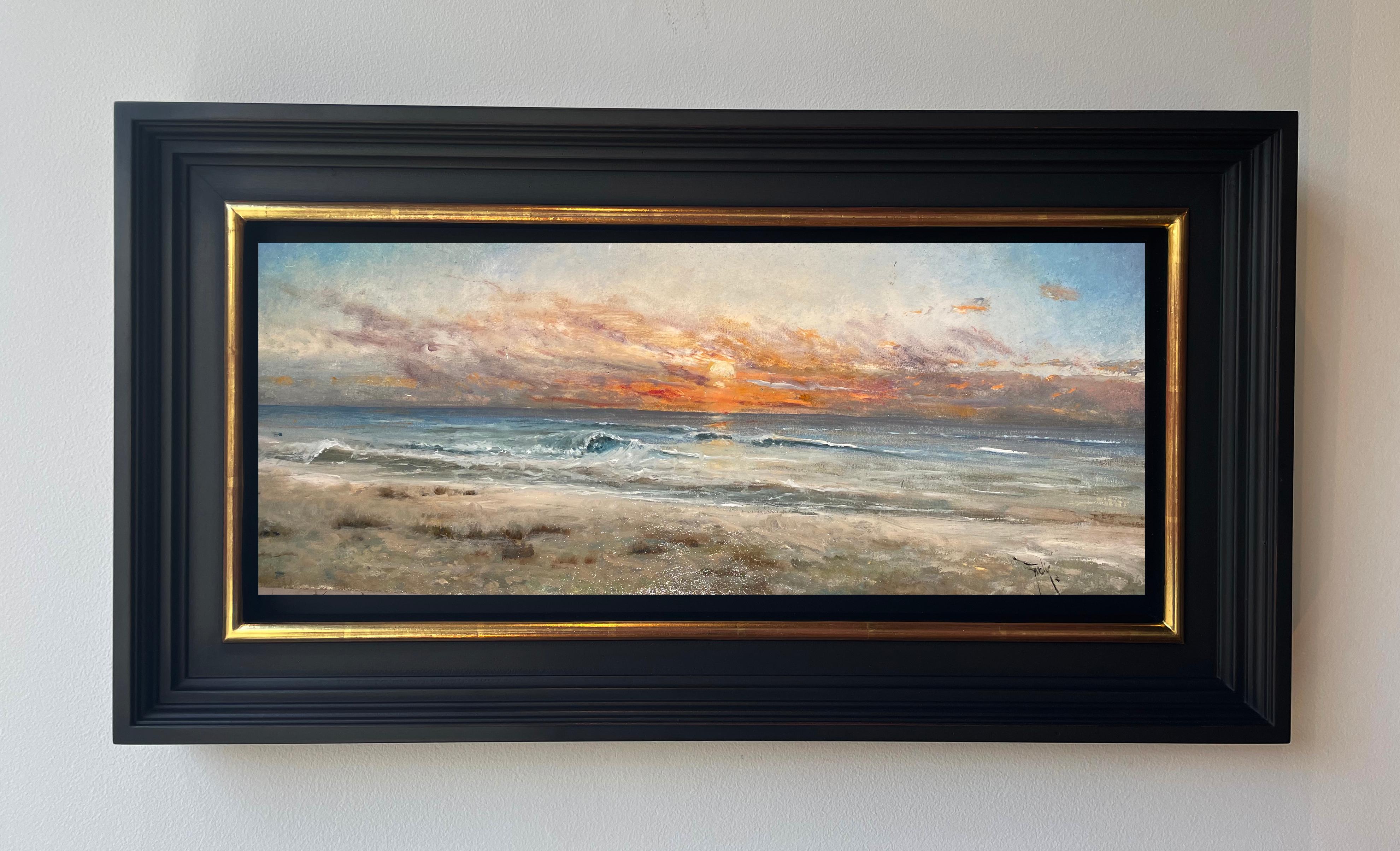 'Sunset Beach' Contemporary Seascape painting of the waves, sand and setting sun - Painting by Ignacio Trelis 
