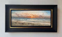 'Sunset Beach' Quadro marino contemporaneo con onde, sabbia e sole al tramonto