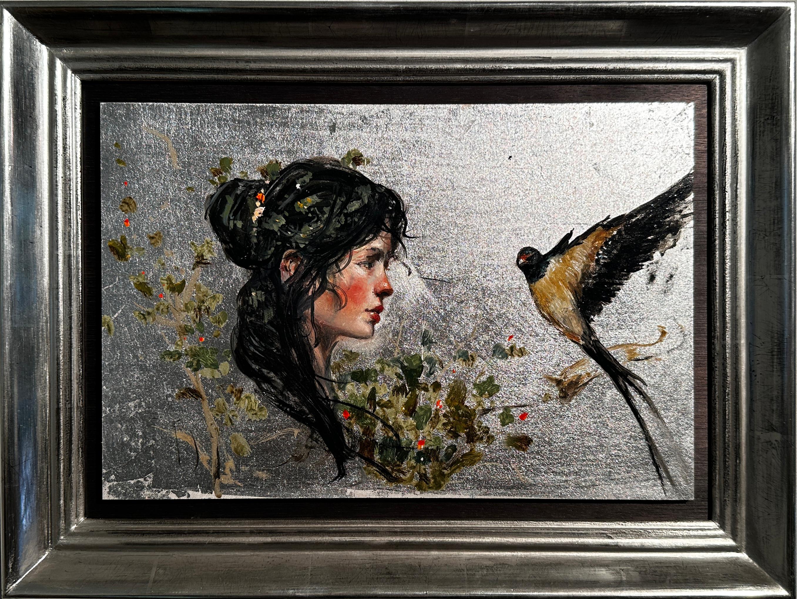 'Swallow' Silver Leaf painting of a female portrait and swallow bird, nature  - Painting by Ignacio Trelis 