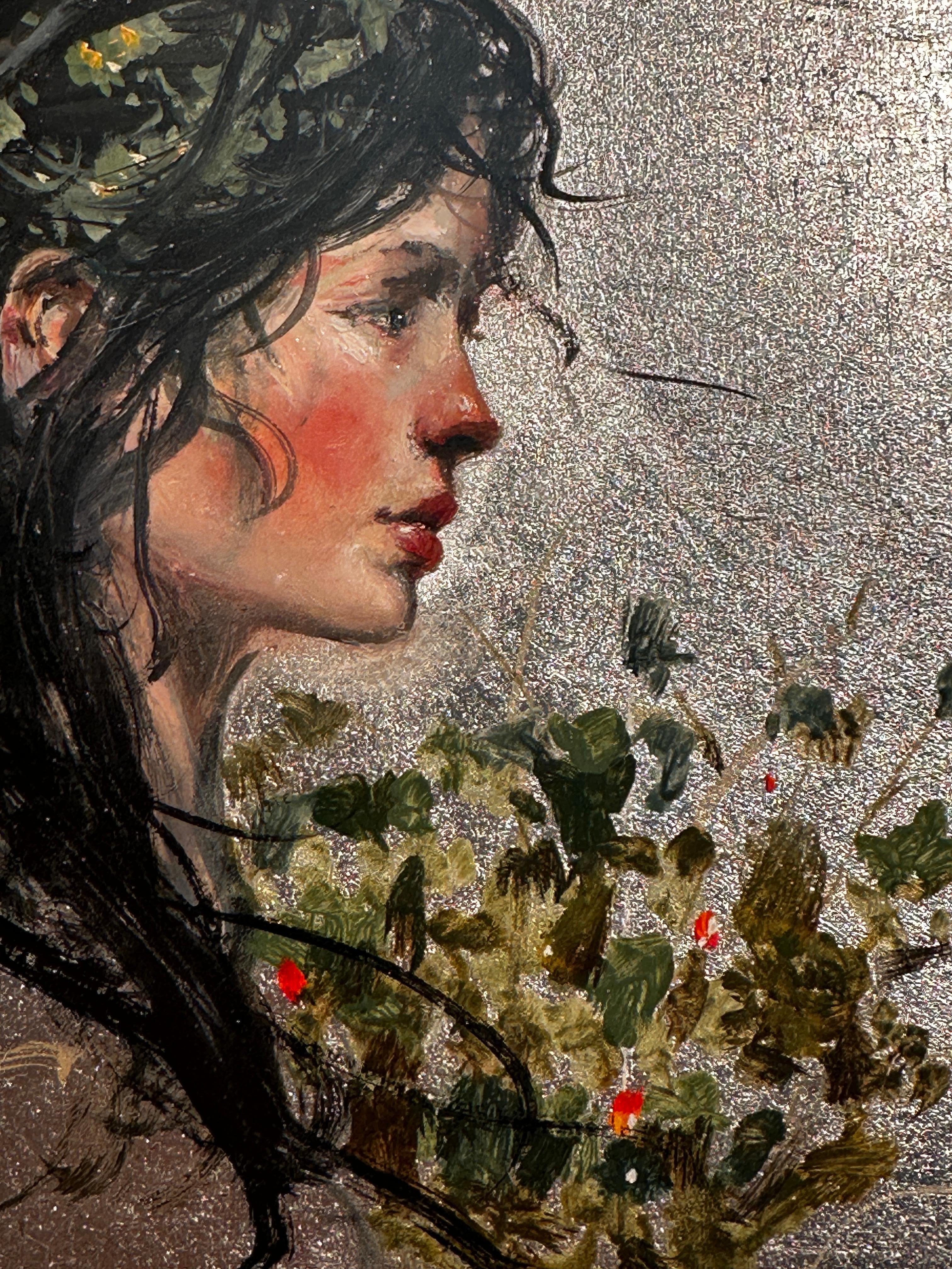 'Swallow' Silver Leaf painting of a female portrait and swallow bird, nature  For Sale 1
