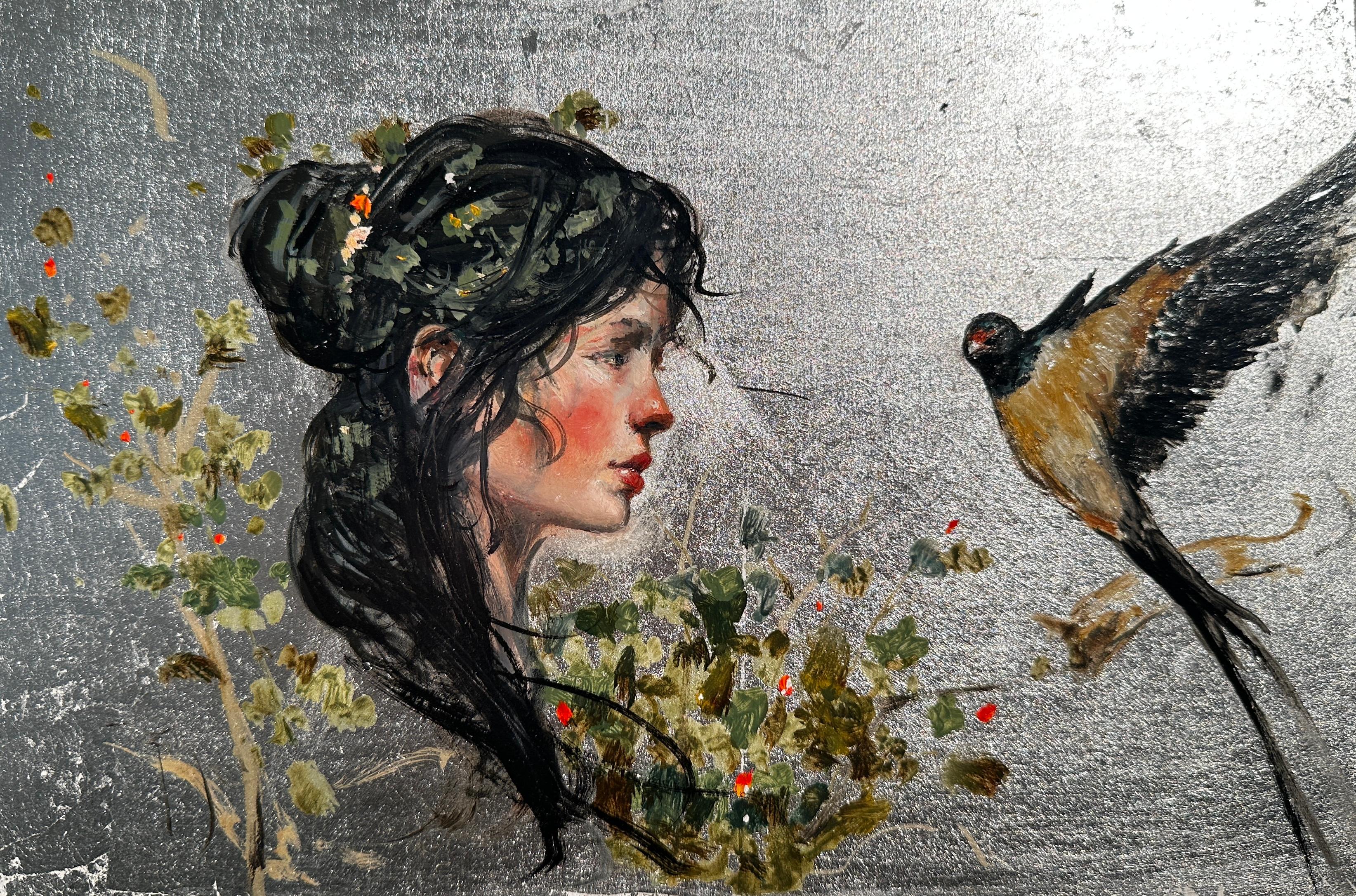 Ignacio Trelis  Animal Painting - 'Swallow' Silver Leaf painting of a female portrait and swallow bird, nature 