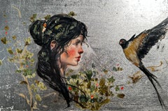 Peinture à la feuille d'argent d'un portrait de femme et oiseau hirsute, nature 