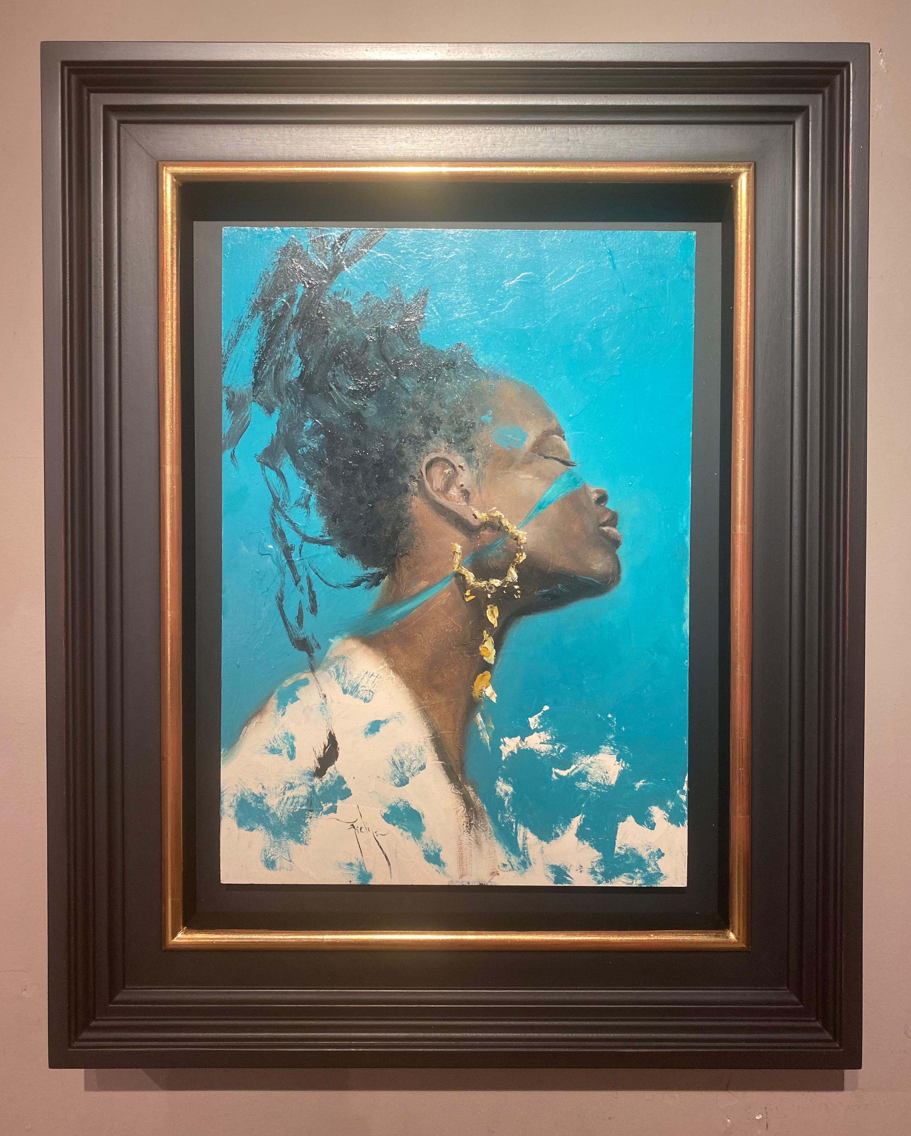 'The Blue Princess' Contemporary figurative painting of a black woman, blue - Painting by Ignacio Trelis 