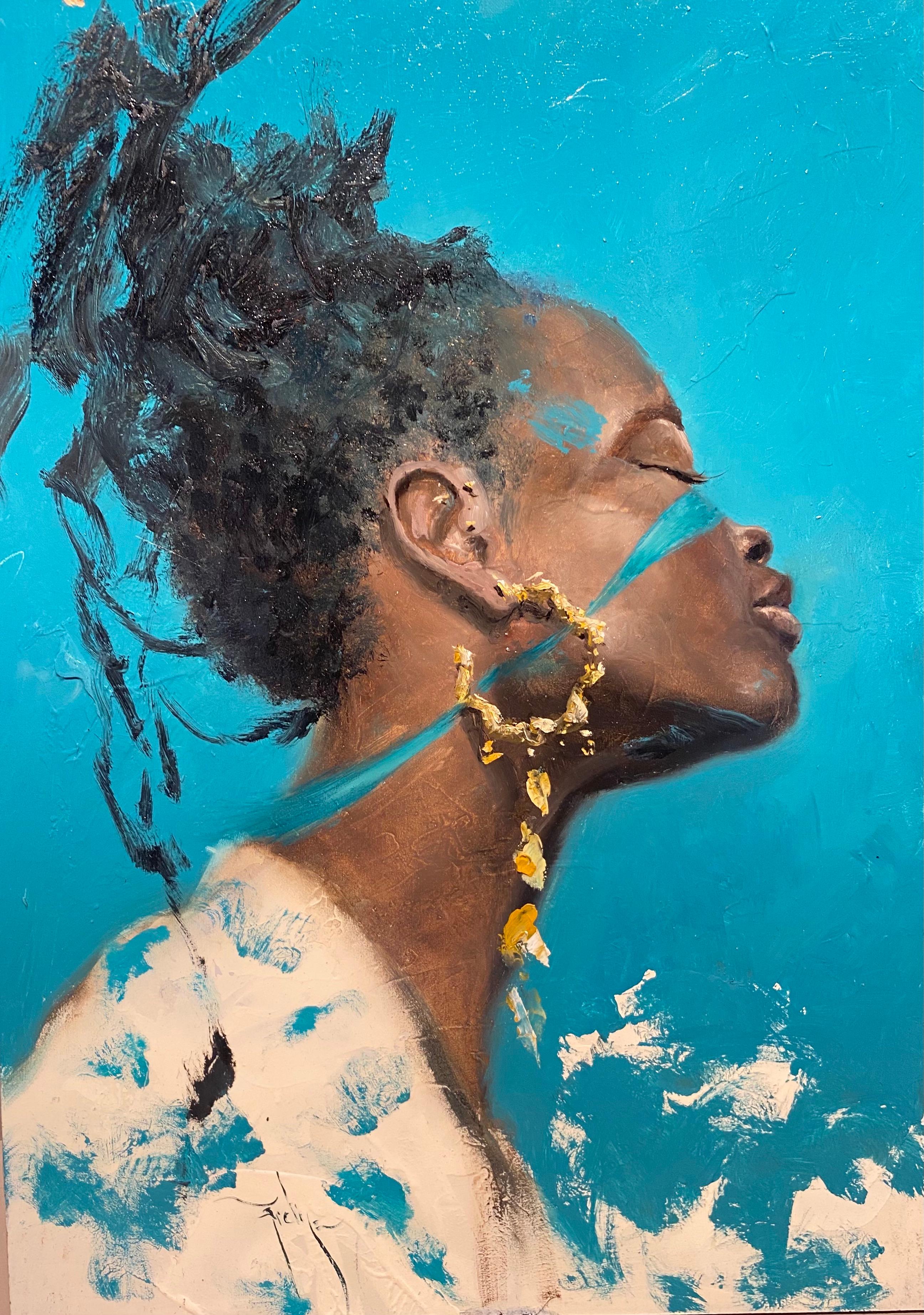 'The Blue Princess' Contemporary figurative painting of a black woman, blue,gold