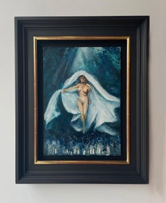 'Woman in Blue' Contemporary Nude figurative painting of a woman, blue, white