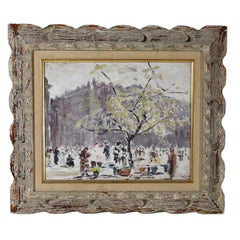 Impressionist oil painting of a snowy marketplace with figures