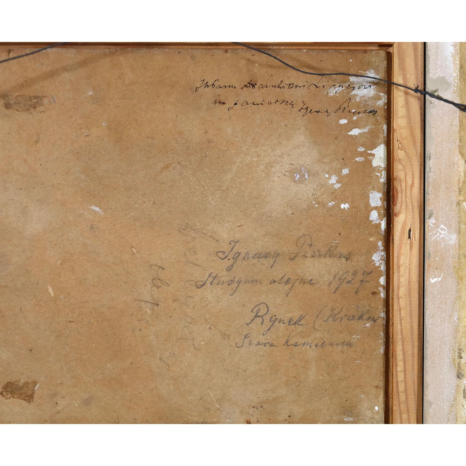 Une superbe petite scène d'hiver représentant une place de marché à Cracovie, en Pologne, peinte par Ignacy Pinkas.
Pinkas est né en Pologne.  Dans sa jeunesse, il fait des petits boulots, y compris dans un cirque itinérant.
Dès son plus jeune âge,