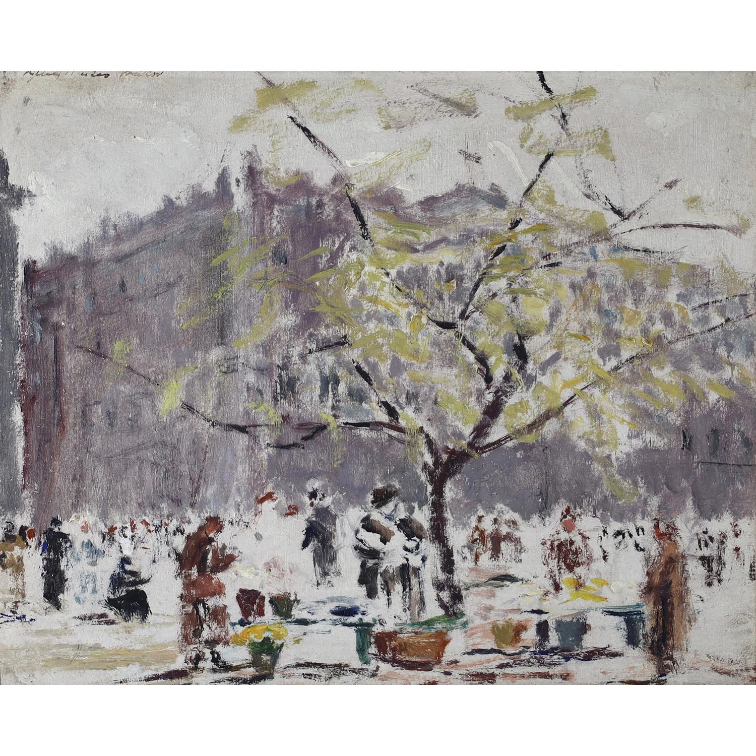 Impressionist oil painting of a snowy marketplace with figures
