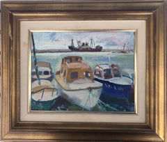 Barcelona's port Spain seascape oil on canvas painting