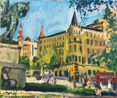 Catalonia square view Barcelona Spain oil on canvas painting