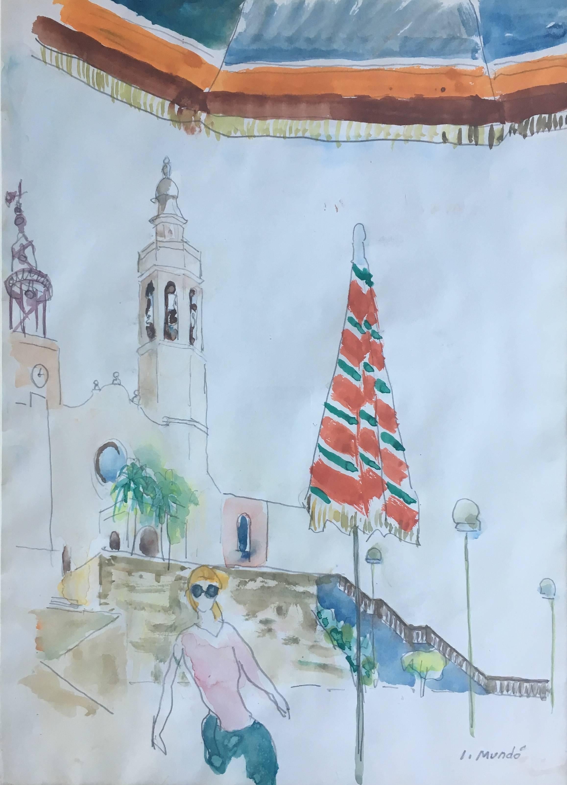 I. Mundo   Sitges. Barcelona. vertical.  original watercolor painting - Painting by Ignasi Mundó