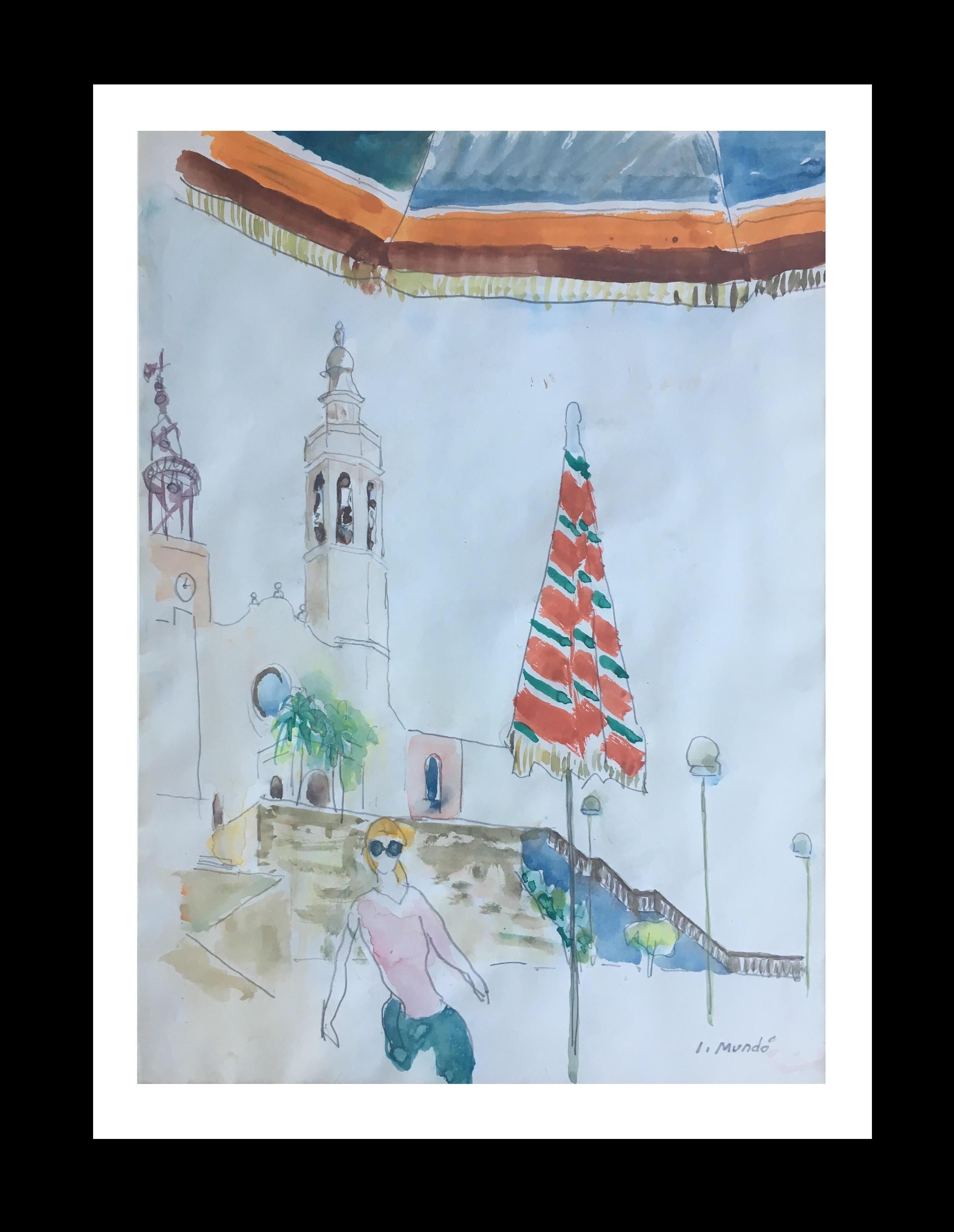 Ignasi Mundó Landscape Painting - I. Mundo   Sitges. Barcelona. vertical.  original watercolor painting