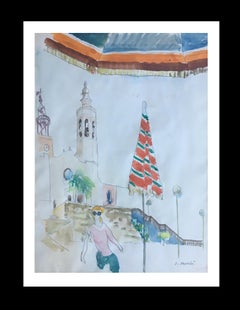 Vintage I. Mundo   Sitges. Barcelona. vertical.  original watercolor painting