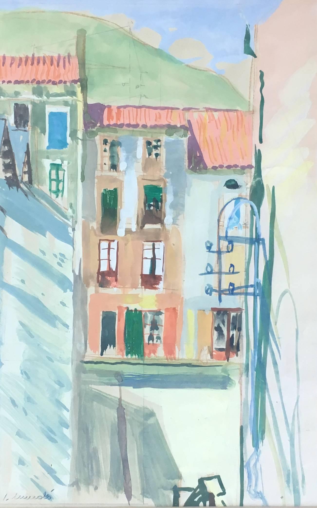 I. Mundo  Vertical  BARCELONA STREET. original watercolor painting - Painting by Ignasi Mundó