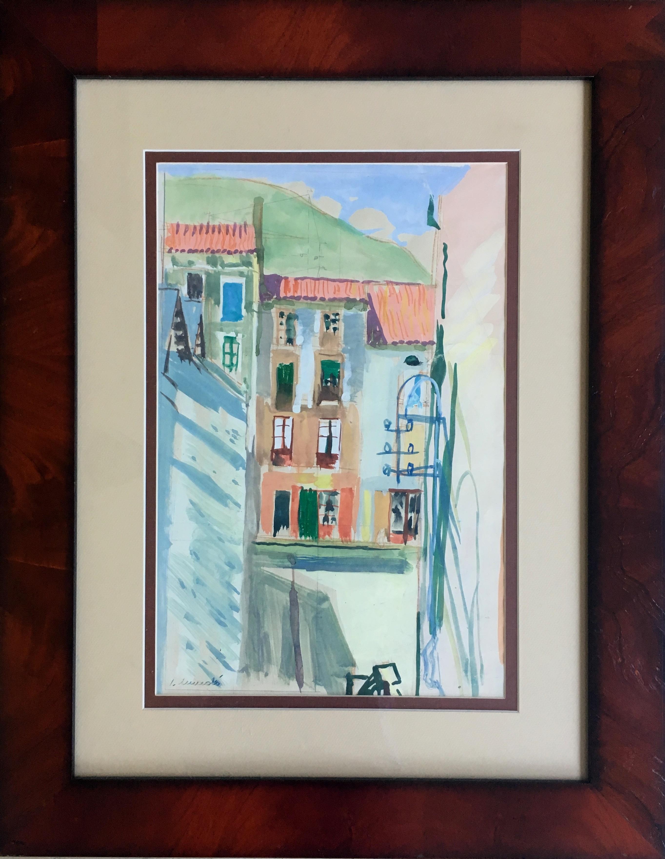 Ignasi Mundó Landscape Painting - I. Mundo  Vertical  BARCELONA STREET. original watercolor painting