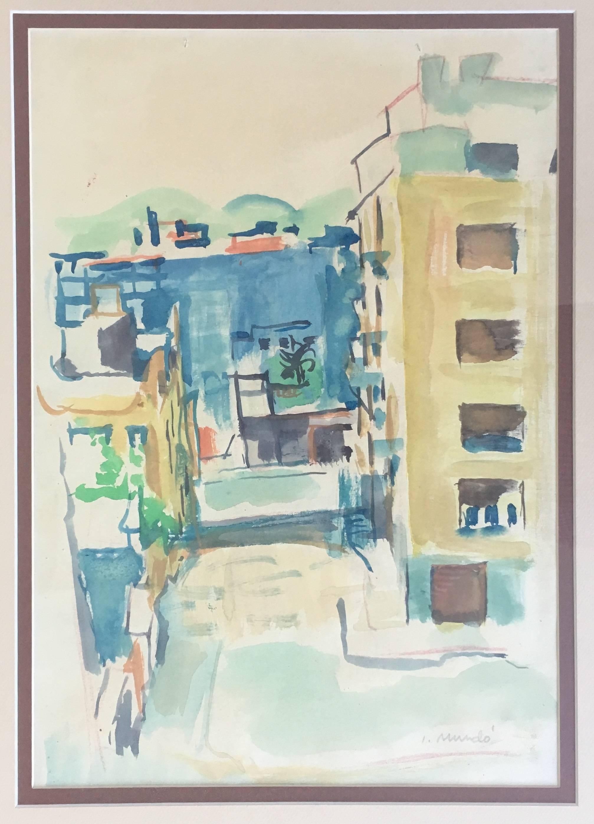 I. Mundo  verticale. BARCELONA STREET, peinture à l'aquarelle originale - Painting de Ignasi Mundó