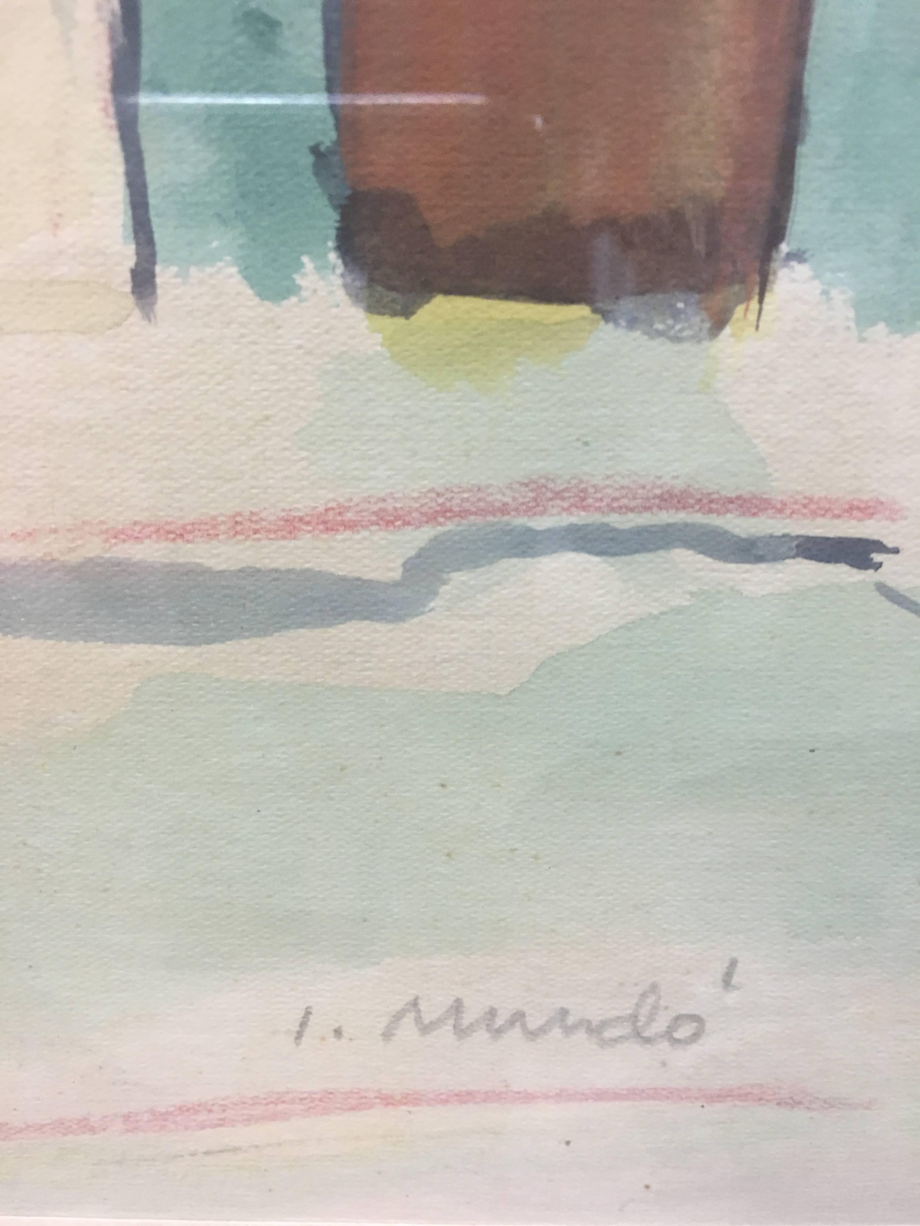 I. Mundo  verticale. BARCELONA STREET, peinture à l'aquarelle originale - Gris Landscape Painting par Ignasi Mundó
