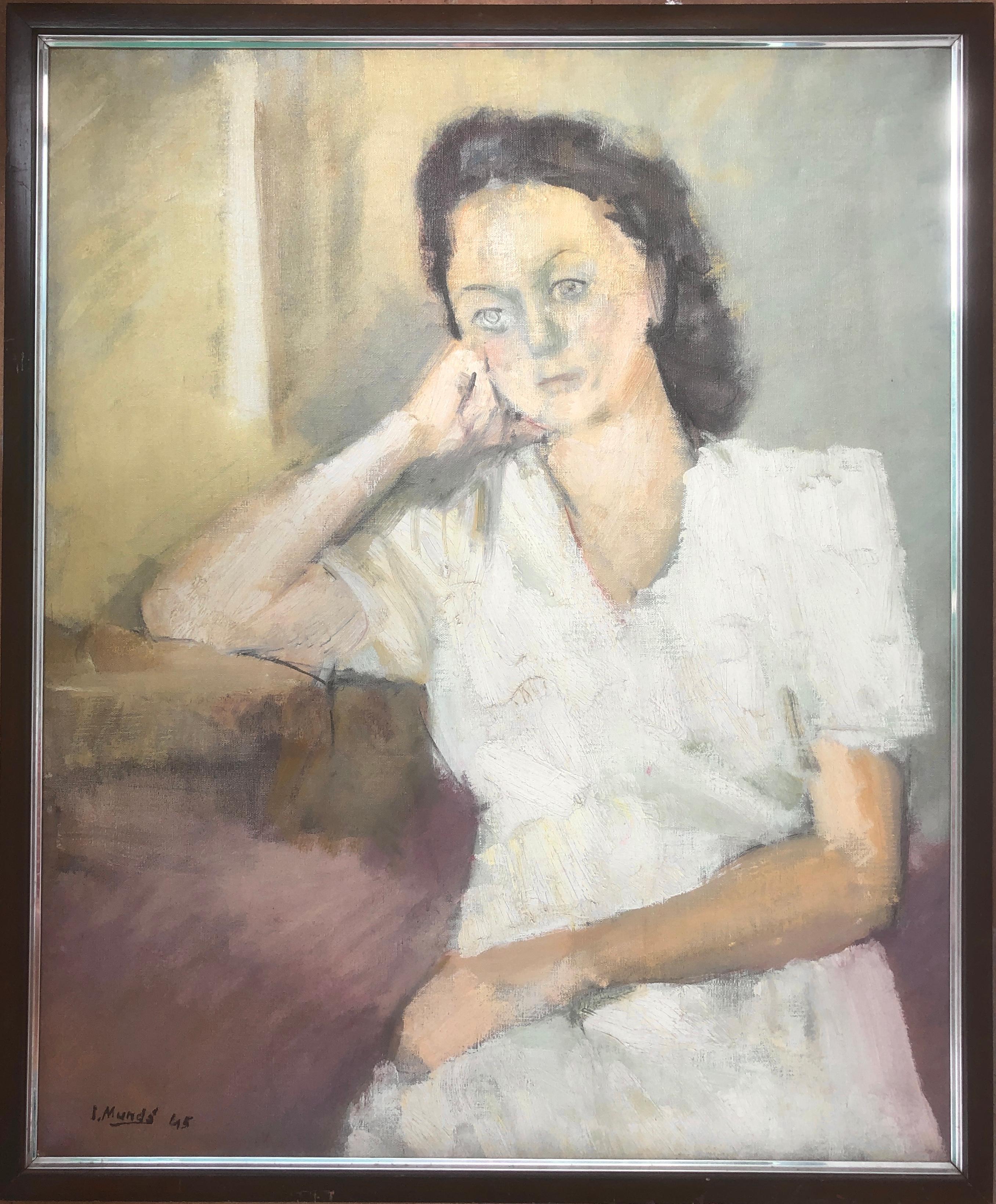 woman in white oil on canvas painting portrait - Painting by Ignasi Mundó