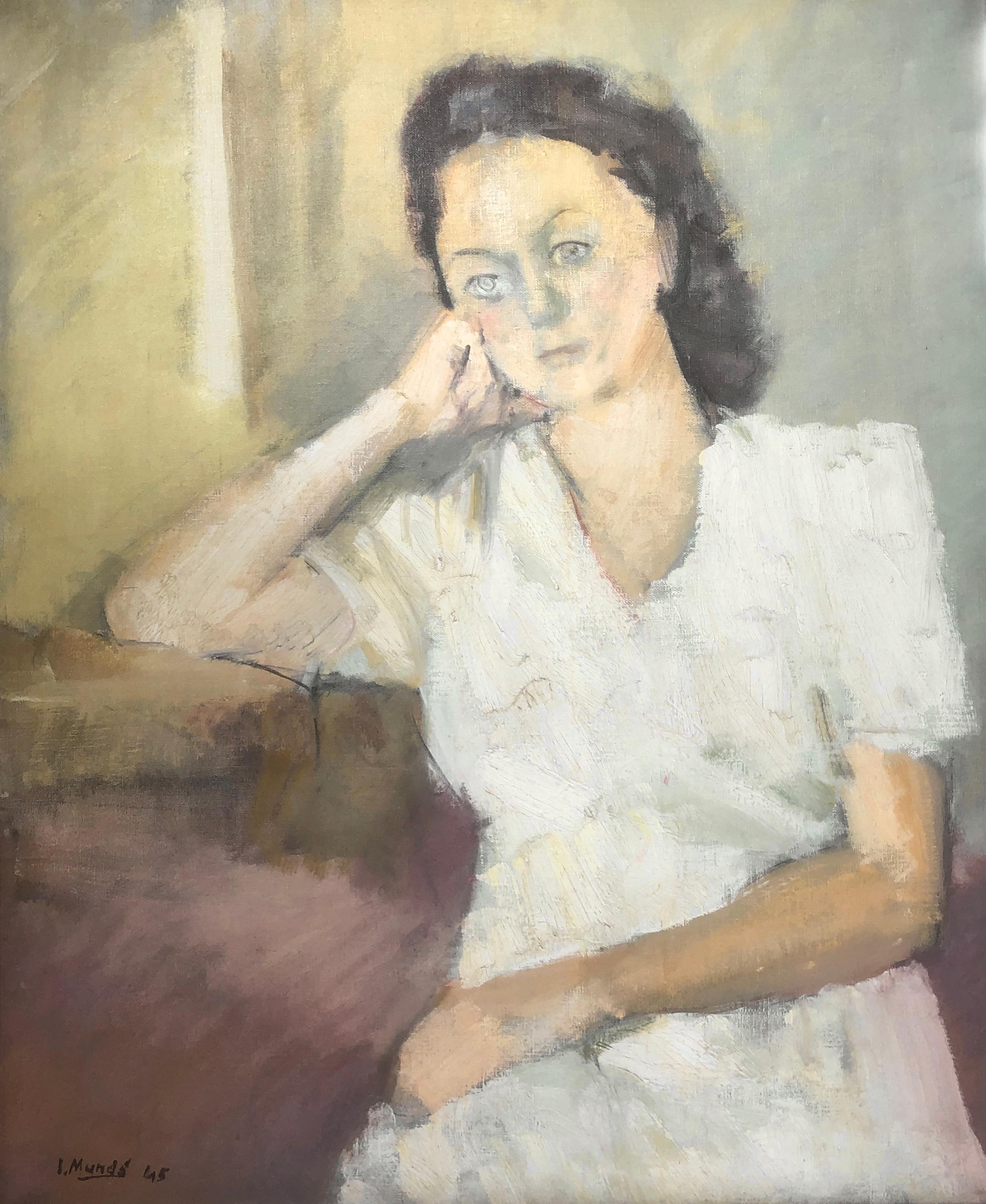 woman in white oil on canvas painting portrait